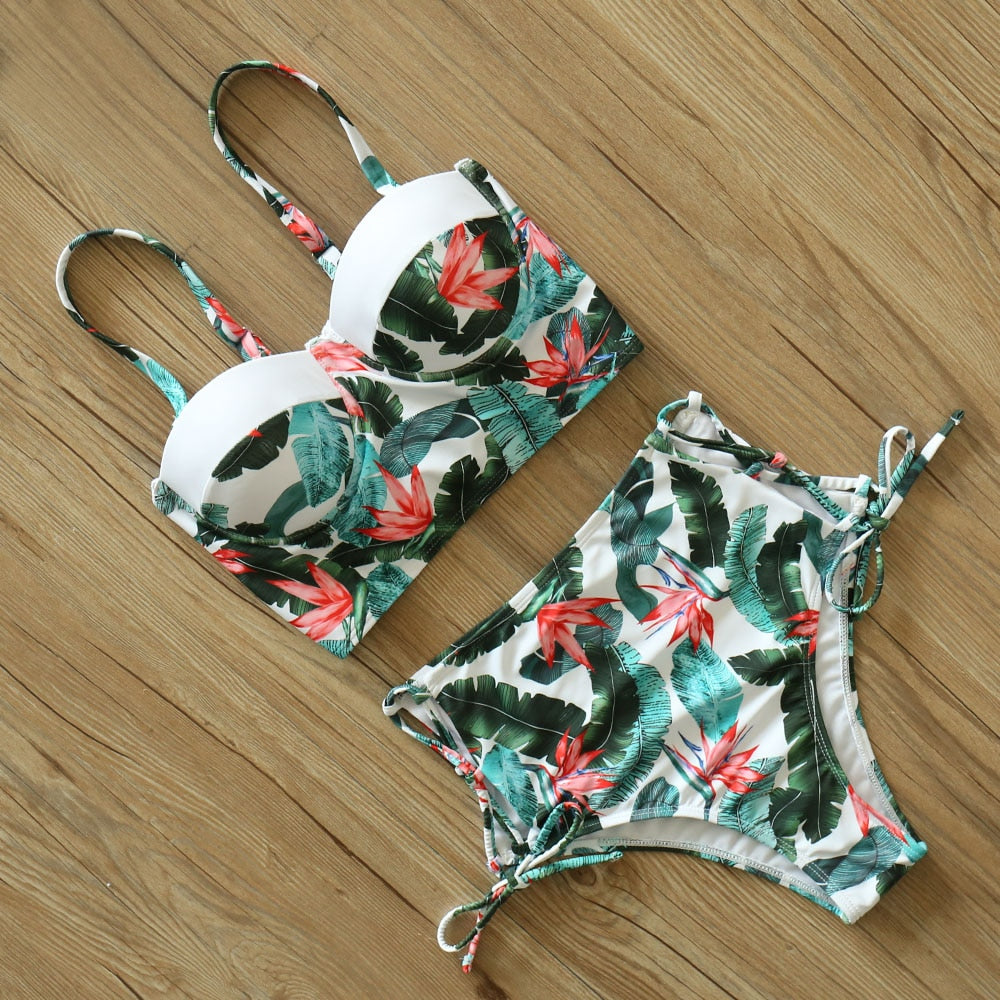 2 Piece Leaf Print Bikinis Women Swimsuit Vintage Retro Bathing Suit Halter High Waist Swimwear The Clothing Company Sydney