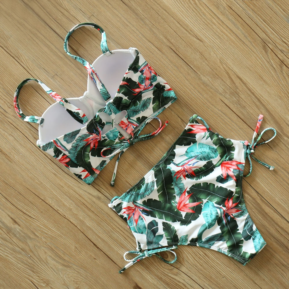 2 Piece Leaf Print Bikinis Women Swimsuit Vintage Retro Bathing Suit Halter High Waist Swimwear The Clothing Company Sydney