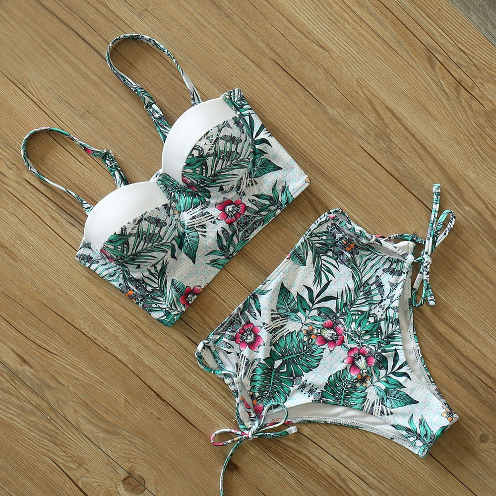 2 Piece Leaf Print Bikinis Women Swimsuit Vintage Retro Bathing Suit Halter High Waist Swimwear The Clothing Company Sydney