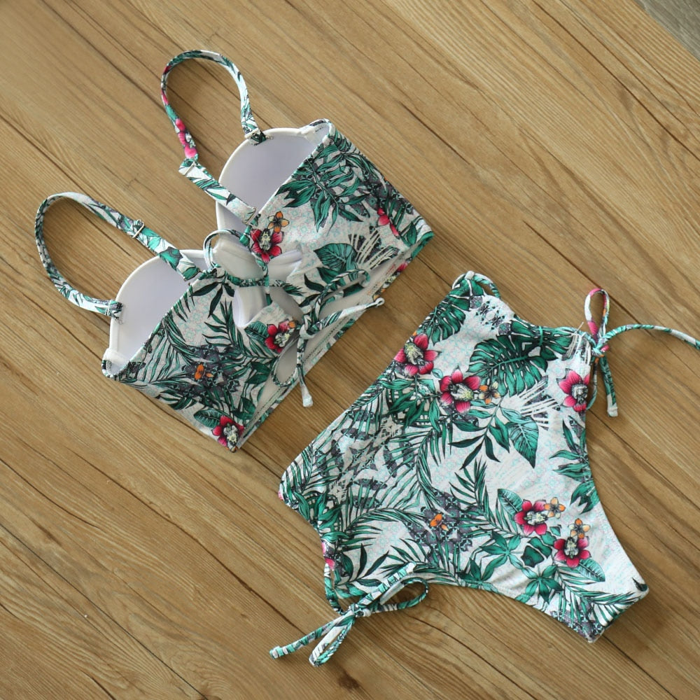 2 Piece Leaf Print Bikinis Women Swimsuit Vintage Retro Bathing Suit Halter High Waist Swimwear The Clothing Company Sydney