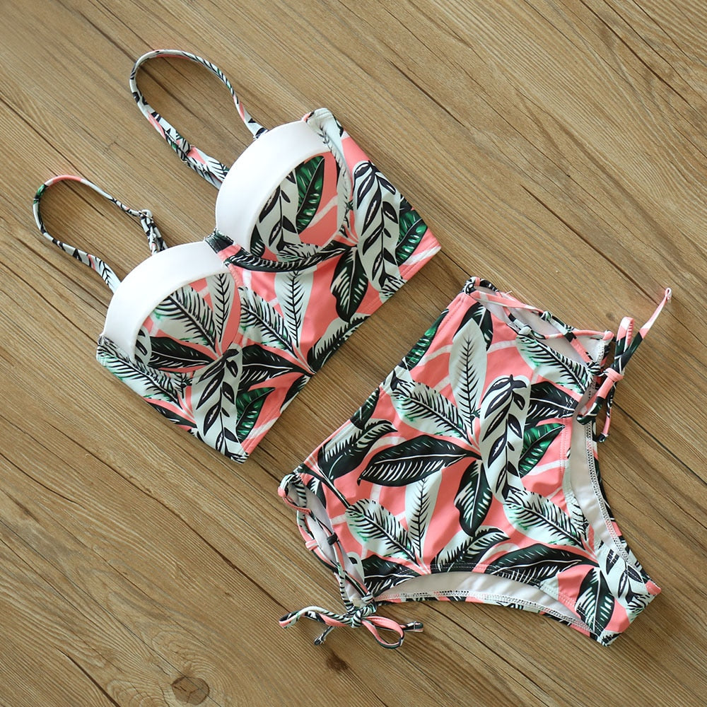 2 Piece Leaf Print Bikinis Women Swimsuit Vintage Retro Bathing Suit Halter High Waist Swimwear The Clothing Company Sydney