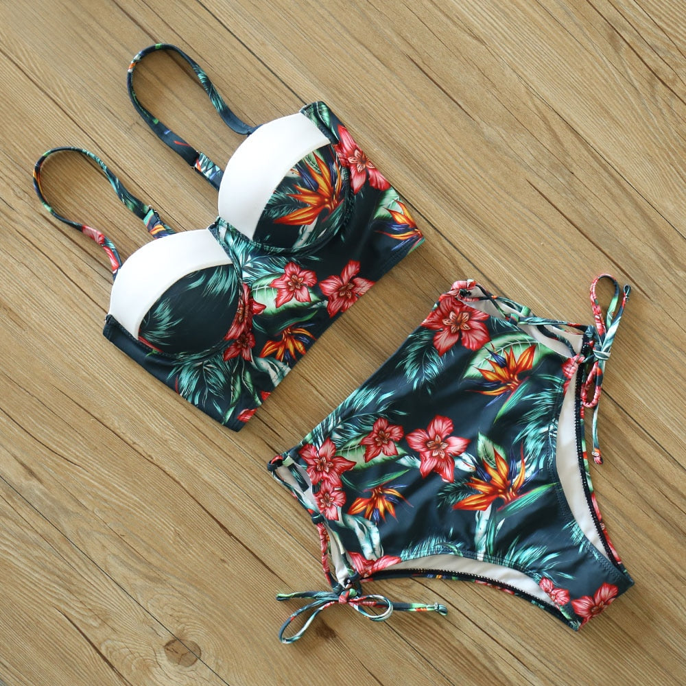2 Piece Leaf Print Bikinis Women Swimsuit Vintage Retro Bathing Suit Halter High Waist Swimwear The Clothing Company Sydney