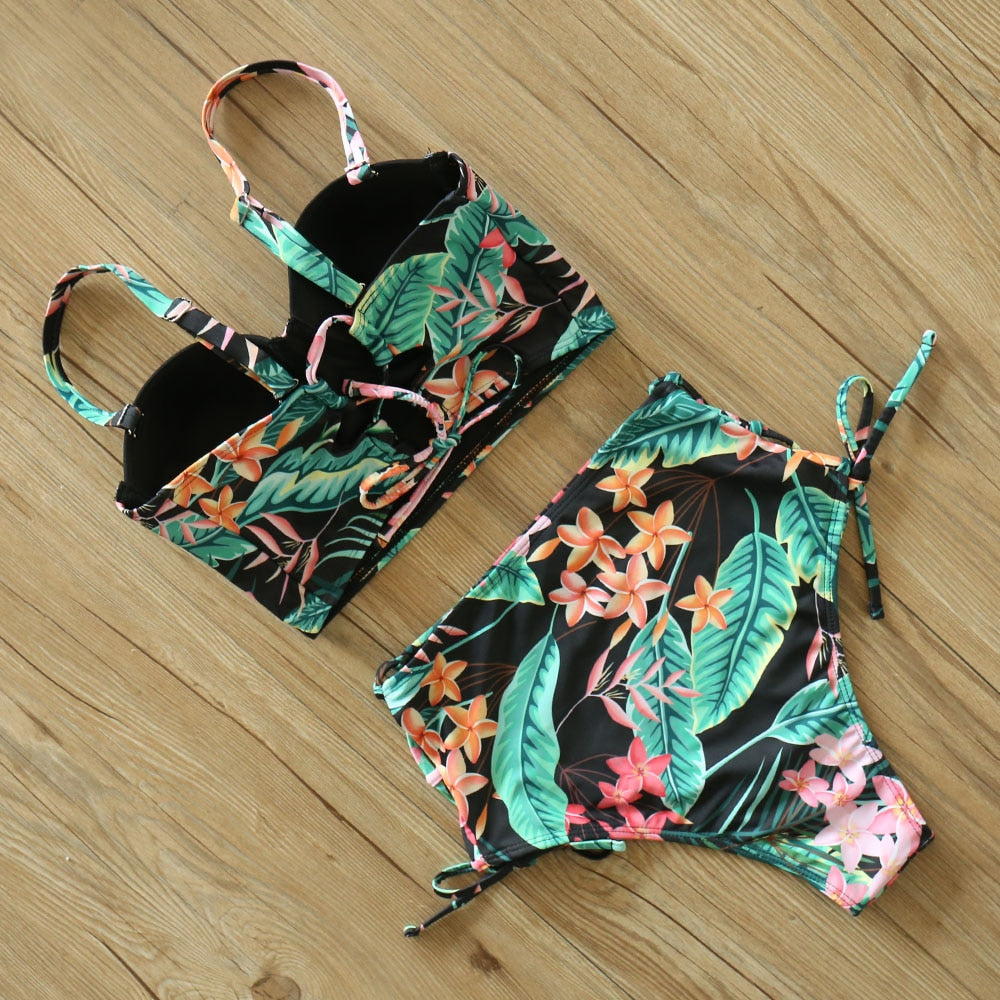 2 Piece Leaf Print Bikinis Women Swimsuit Vintage Retro Bathing Suit Halter High Waist Swimwear The Clothing Company Sydney