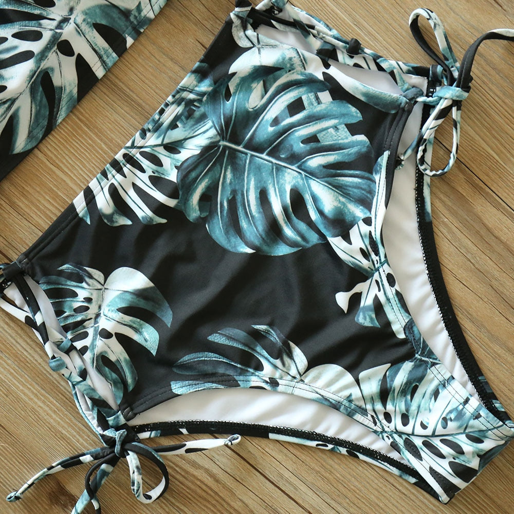 2 Piece Leaf Print Bikinis Women Swimsuit Vintage Retro Bathing Suit Halter High Waist Swimwear The Clothing Company Sydney