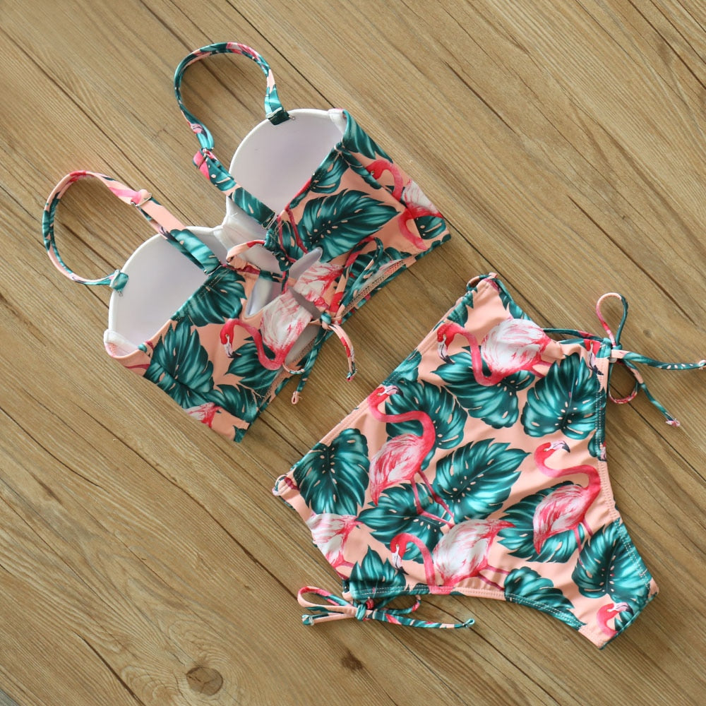2 Piece Leaf Print Bikinis Women Swimsuit Vintage Retro Bathing Suit Halter High Waist Swimwear The Clothing Company Sydney