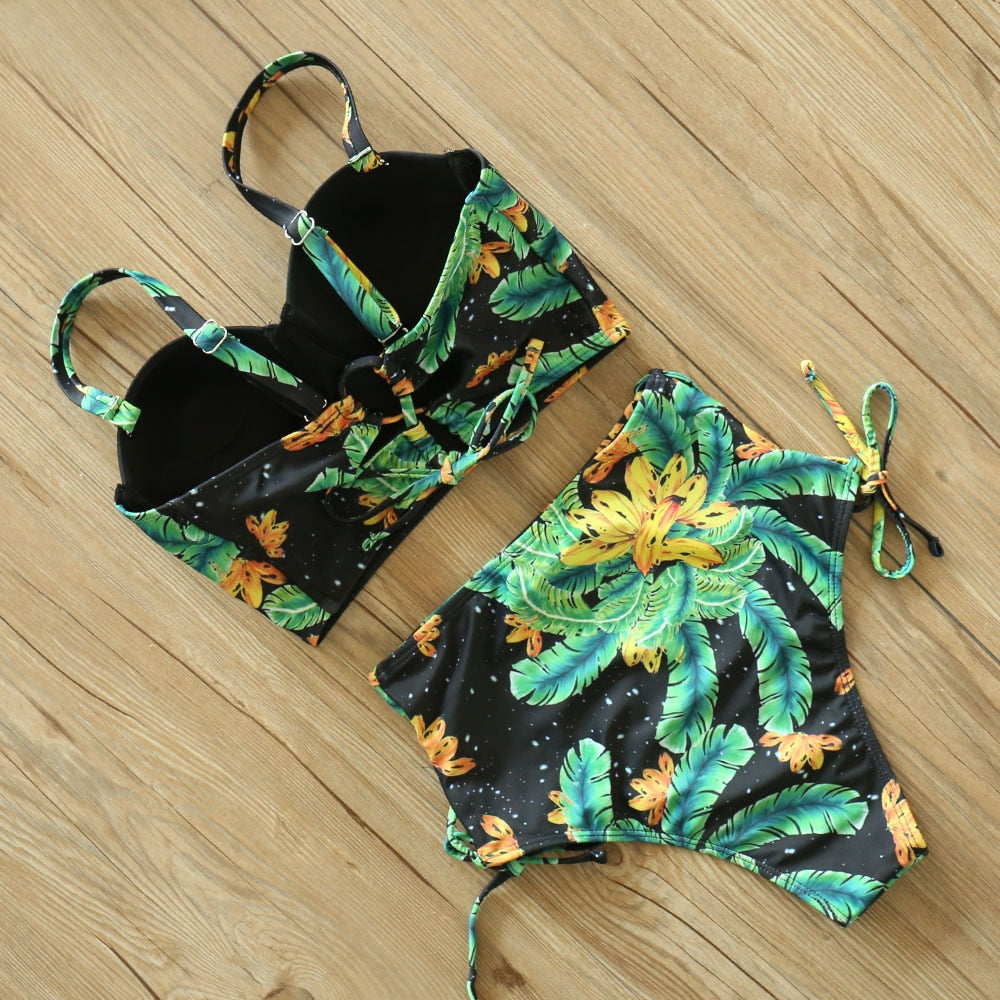 2 Piece Leaf Print Bikinis Women Swimsuit Vintage Retro Bathing Suit Halter High Waist Swimwear The Clothing Company Sydney