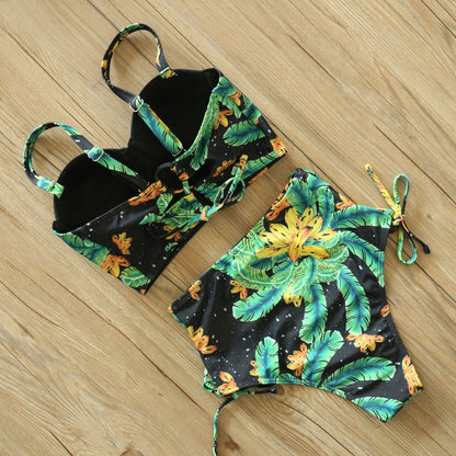 2 Piece Leaf Print Bikinis Women Swimsuit Vintage Retro Bathing Suit Halter High Waist Swimwear The Clothing Company Sydney