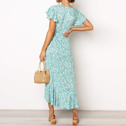 Boho Floral Print Beach Summer Long Sexy High Slit V-Neck Wrap Bodycon Party Maxi Ruffle Robe Split Dress The Clothing Company Sydney