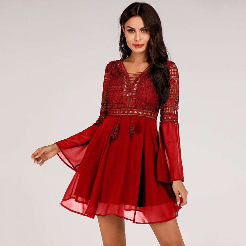 Mini V Neck Hollow Out Chiffon  Criss Cross Plunge Long Sleeve Crochet White Lace Dress The Clothing Company Sydney