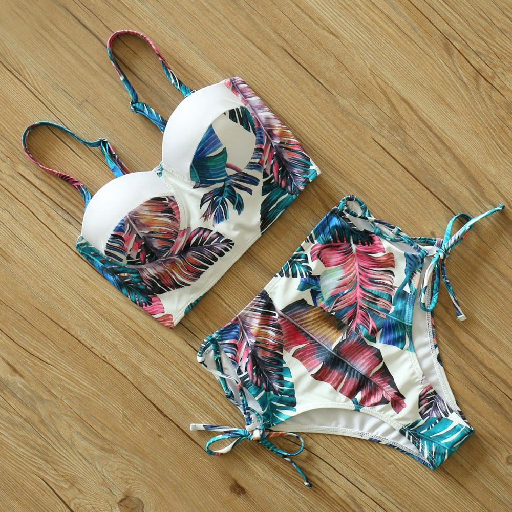 2 Piece Leaf Print Bikinis Women Swimsuit Vintage Retro Bathing Suit Halter High Waist Swimwear The Clothing Company Sydney