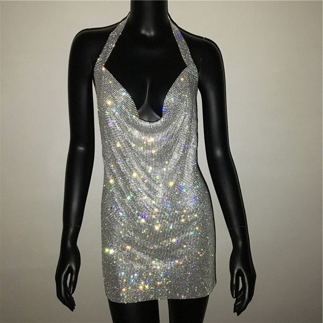 Deep V Neck Crystal Luxury Rhinestone Halter Club Party Backless Split Mini Dresses The Clothing Company Sydney