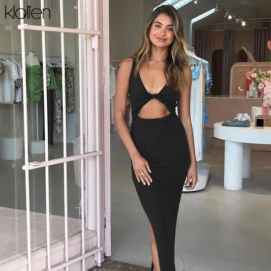 Backless fashion simple black rib knitting maxi streetwear casual Dress The Clothing Company Sydney