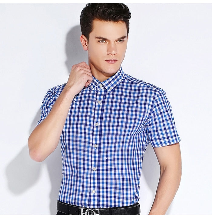 England Style Plaid Checked Cotton Men's Pocket-less Design Short Sleeve Summer Casual Standard-fit Button-down Thin Shirt The Clothing Company Sydney