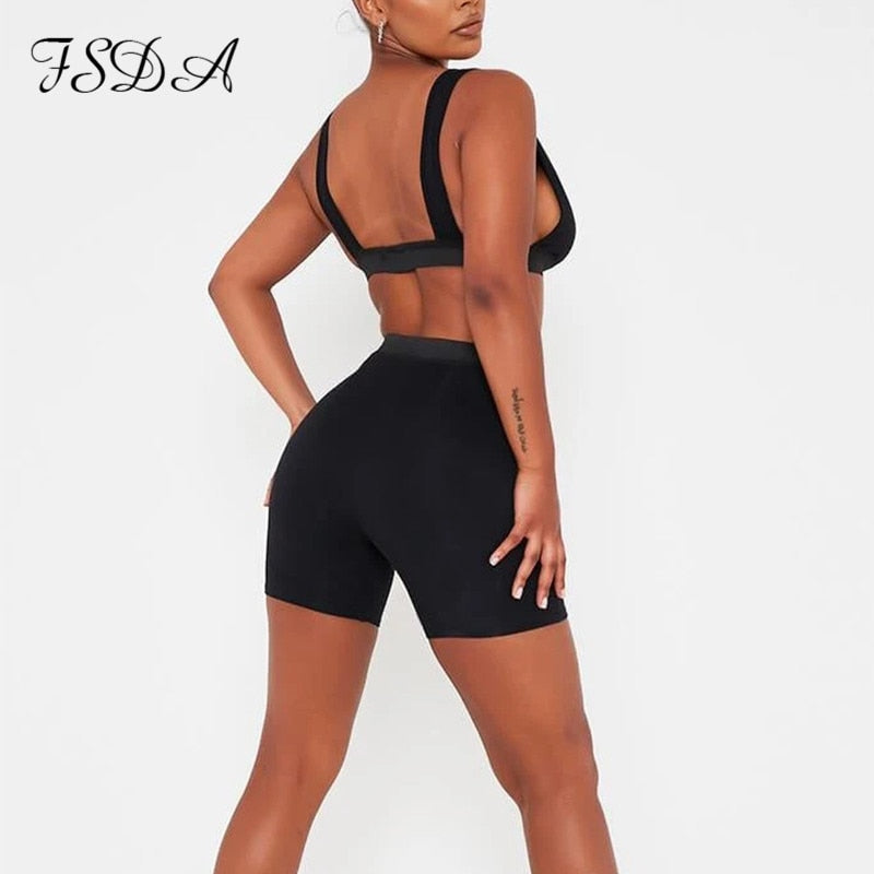 2 Piece V Neck Crop Top Sleeveless Backless And Biker Shorts  Home Khaki Outfit Sport Set The Clothing Company Sydney