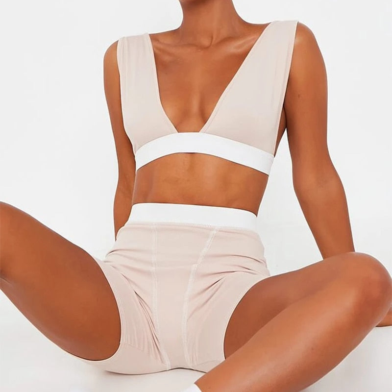 2 Piece V Neck Crop Top Sleeveless Backless And Biker Shorts  Home Khaki Outfit Sport Set The Clothing Company Sydney