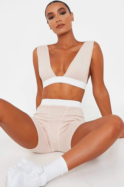 2 Piece V Neck Crop Top Sleeveless Backless And Biker Shorts  Home Khaki Outfit Sport Set The Clothing Company Sydney