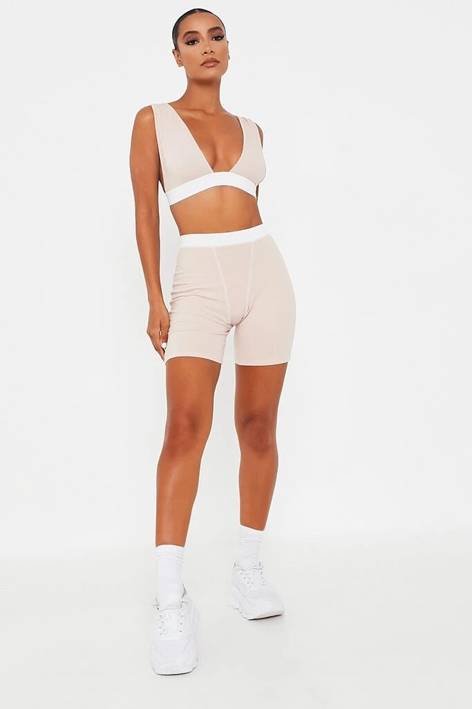 2 Piece V Neck Crop Top Sleeveless Backless And Biker Shorts  Home Khaki Outfit Sport Set The Clothing Company Sydney