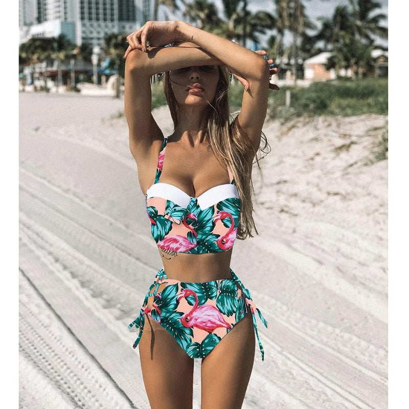 2 Piece Leaf Print Bikinis Women Swimsuit Vintage Retro Bathing Suit Halter High Waist Swimwear The Clothing Company Sydney
