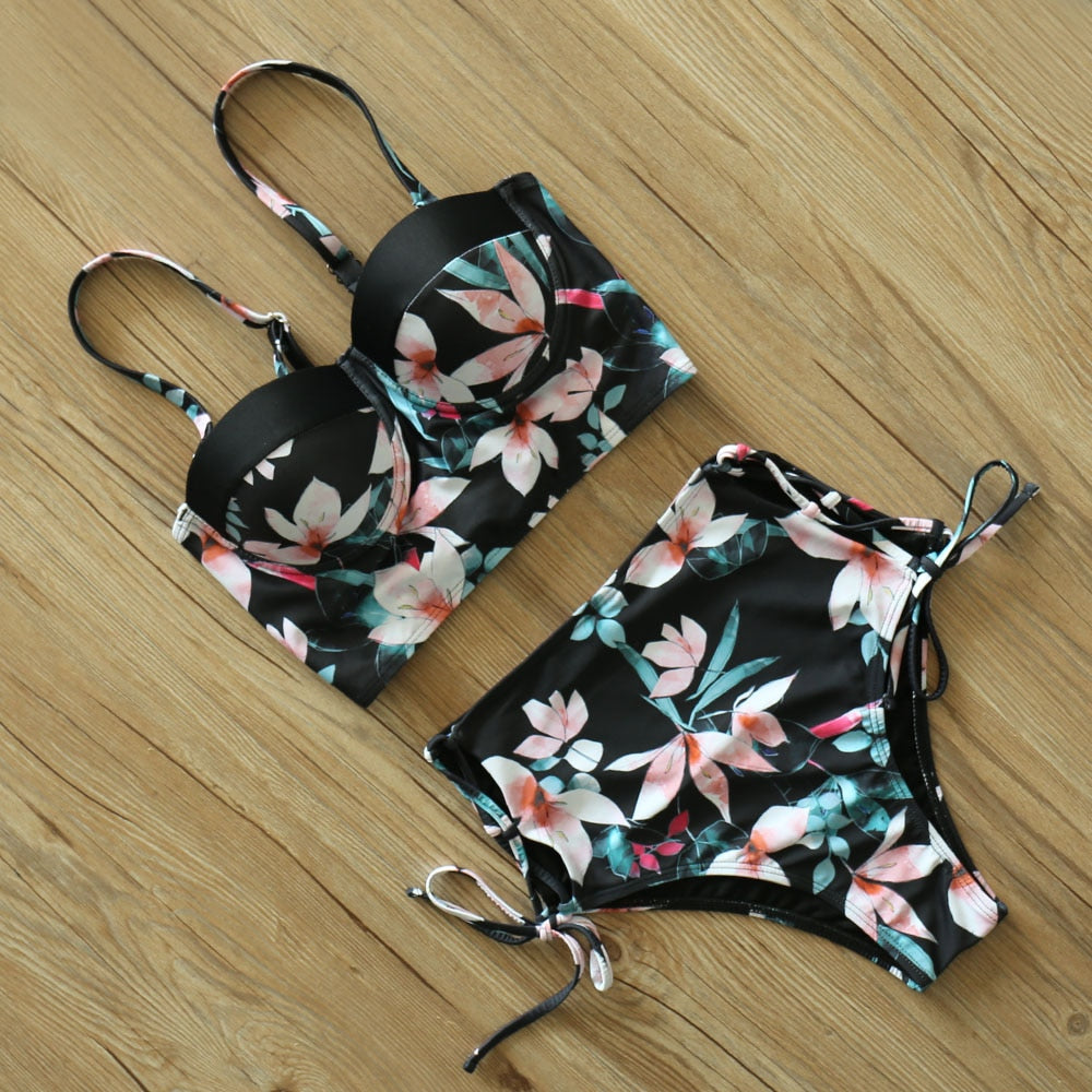2 Piece Leaf Print Bikinis Women Swimsuit Vintage Retro Bathing Suit Halter High Waist Swimwear The Clothing Company Sydney