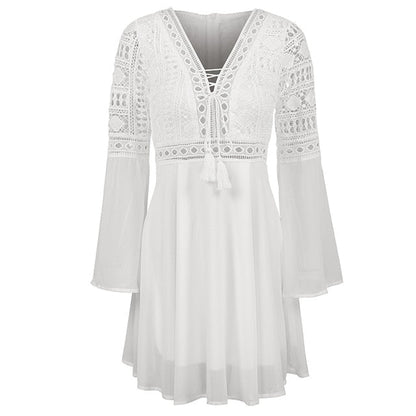 Mini V Neck Hollow Out Chiffon  Criss Cross Plunge Long Sleeve Crochet White Lace Dress The Clothing Company Sydney