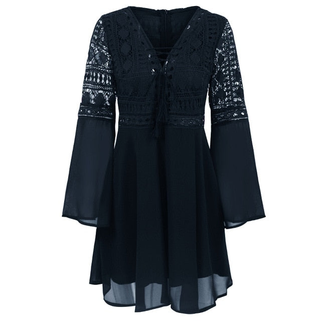 Mini V Neck Hollow Out Chiffon  Criss Cross Plunge Long Sleeve Crochet White Lace Dress The Clothing Company Sydney