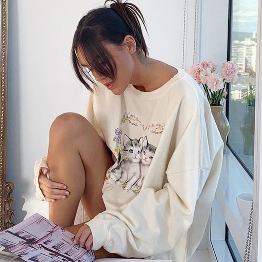 Cat Print Cute White Oversized Autumn Cute Long Sleeve Sweat Shirt Casual Loose Pullover Streetwear Sweatshirt The Clothing Company Sydney