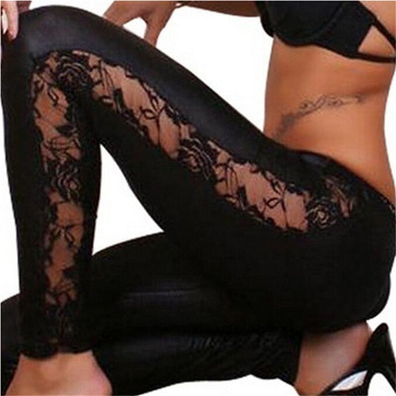 1pc black Sexy Splicing Lace Faux Leather Slim Fit Leggings Skinny Stretch Pants The Clothing Company Sydney