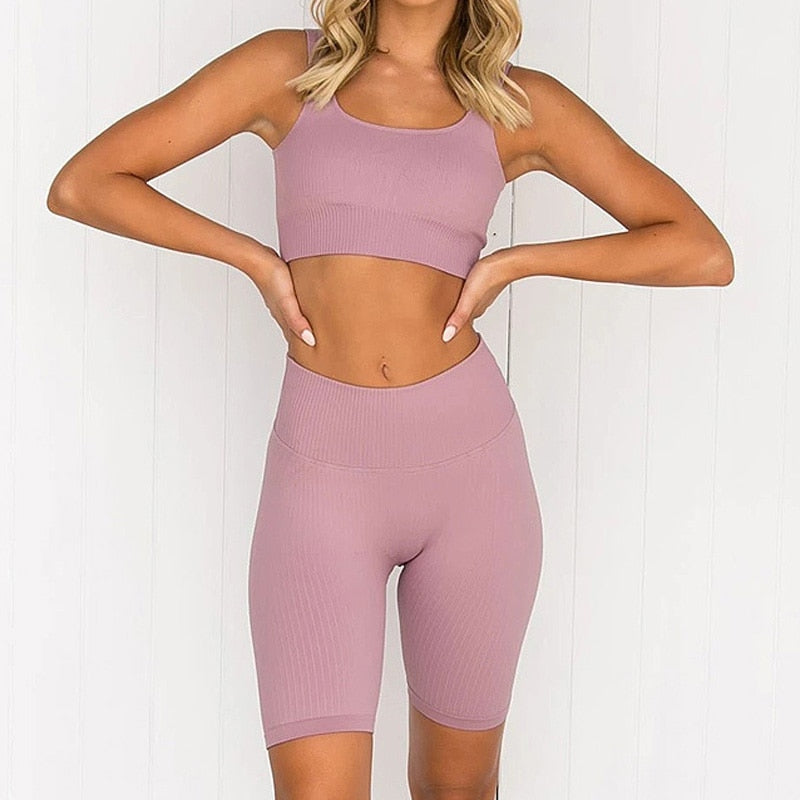 2 Piece Yoga Seamless Shorts High Waist Sports Pants Outdoor Biker Leggings Sports Gym Set The Clothing Company Sydney