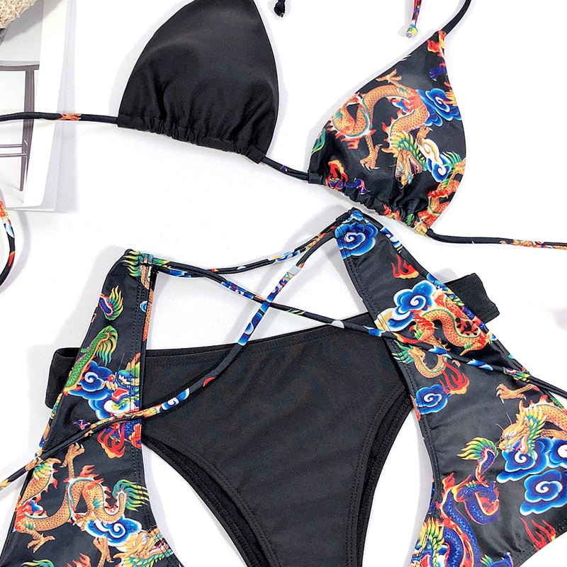 Bandeau high waist bikini Push up swimwear Dragon print sexy bikini set Retro swimsuit Bathing suit The Clothing Company Sydney