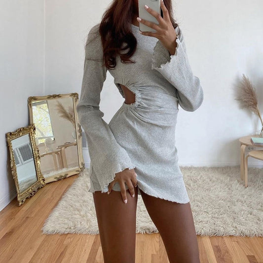 Autumn Draped Flare Sleeve Cut-Out Mini Knitting Round Neck Ruched Skinny Chic Casual Streetwear Dress The Clothing Company Sydney