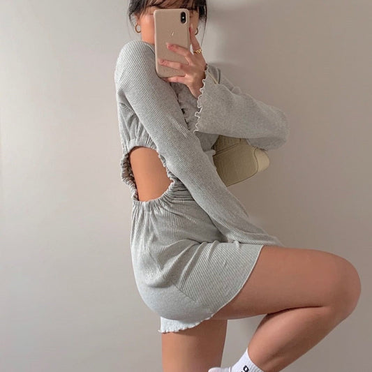 Autumn Draped Flare Sleeve Cut-Out Mini Knitting Round Neck Ruched Skinny Chic Casual Streetwear Dress The Clothing Company Sydney