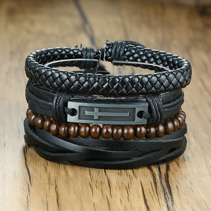 4 PieceSet Braided Wrap PU Leather Bracelets for Men Vintage Life Tree Rudder Charm Wood Beads Ethnic Tribal Style Wristbands The Clothing Company Sydney