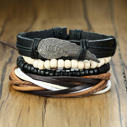 4 PieceSet Braided Wrap PU Leather Bracelets for Men Vintage Life Tree Rudder Charm Wood Beads Ethnic Tribal Style Wristbands The Clothing Company Sydney