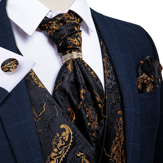5 Piece Men Gold Paisley Silk Waistcoat Ascot Tie Pocket Square Necktie Ring Set Wedding Formal Dress Vests Set The Clothing Company Sydney