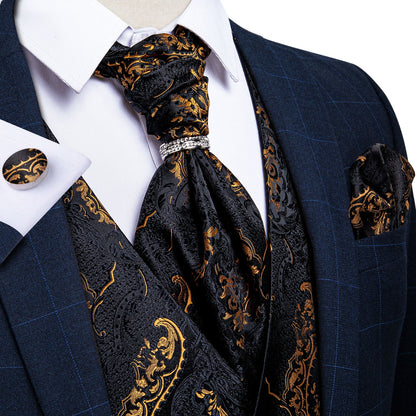 5 Piece Men Gold Paisley Silk Waistcoat Ascot Tie Pocket Square Necktie Ring Set Wedding Formal Dress Vests Set The Clothing Company Sydney