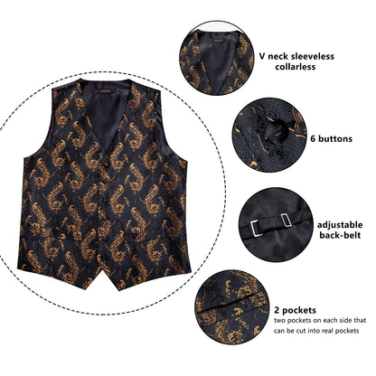 5 Piece Men Gold Paisley Silk Waistcoat Ascot Tie Pocket Square Necktie Ring Set Wedding Formal Dress Vests Set The Clothing Company Sydney
