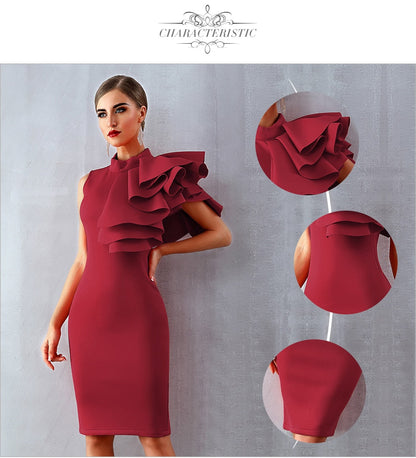 Wine Red Celebrity Evening Runway Party Sleeveless Ruffles Bodycon Midi Night Club Dress The Clothing Company Sydney