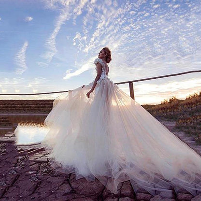 Champagne Boho Backless Princess Bridal Lace Appliques 3D Flowers Beach Wedding Dressd The Clothing Company Sydney
