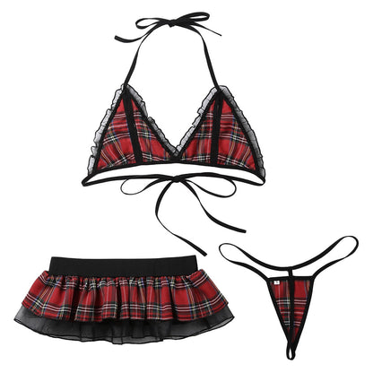 2 Piece Schoolgirl Cosplay Costume Plaid Tie-on Bra Top with Mini Ruffled Skirt and G-string Briefs Clubwear The Clothing Company Sydney