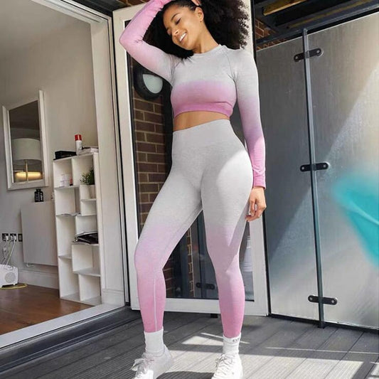 2 Piece Seamless Yoga Gym High Waist Ombre Leggings Shirts Top Suit Long Sleeve Fitness Workout Sport  Sportswear Set The Clothing Company Sydney