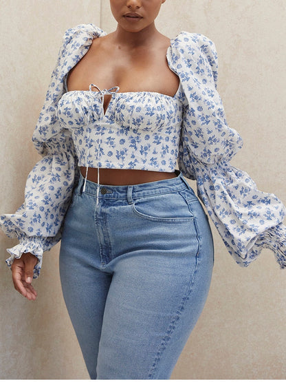 Floral Top White Sweet Square Neck Long Puff Sleeve Ruched Drawstring Crop Top Autumn Woman Party Blouse The Clothing Company Sydney
