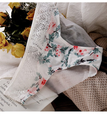2 Piece Sexy Print Bra Lace Trim Floral Lingerie Push up Underwear Bow Bra and Hollow out Panties Set The Clothing Company Sydney
