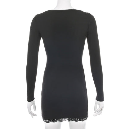 Square Neck Lace Patchwork Bodycon Black Elegant Cotton Fashion Side Split Mini Dress The Clothing Company Sydney