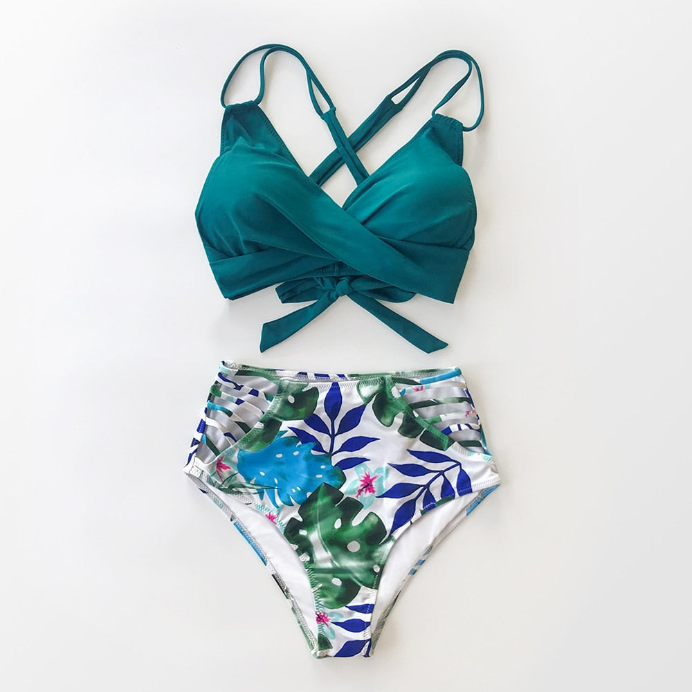 Tropical Palms Twist-Front High-Waisted Bikini Sexy Lace Up Swimsuit Two Piece Swimwear Beach Bathing Suit The Clothing Company Sydney