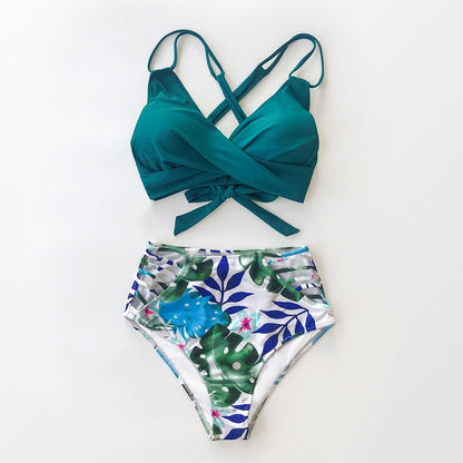 Tropical Palms Twist-Front High-Waisted Bikini Sexy Lace Up Swimsuit Two Piece Swimwear Beach Bathing Suit The Clothing Company Sydney