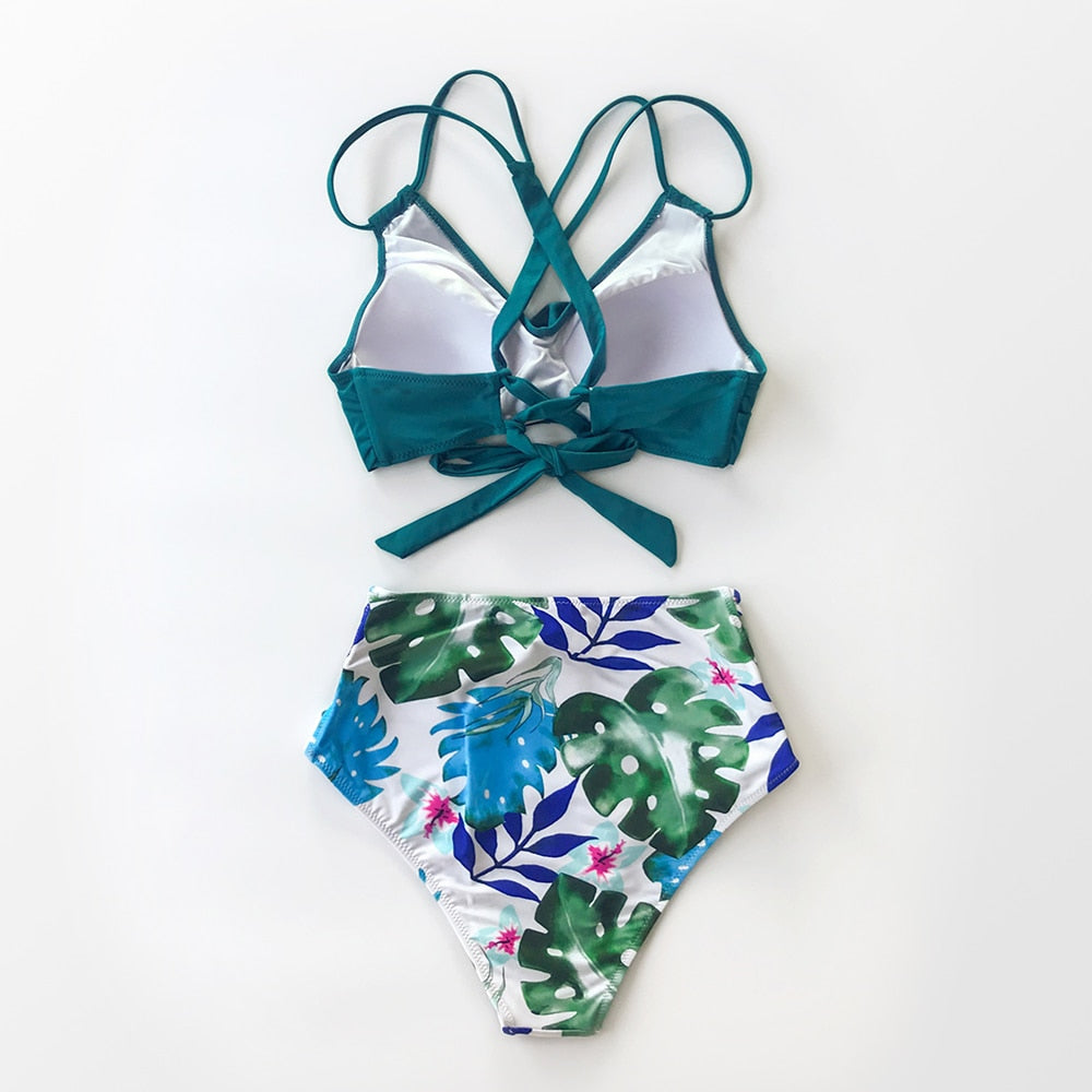Tropical Palms Twist-Front High-Waisted Bikini Sexy Lace Up Swimsuit Two Piece Swimwear Beach Bathing Suit The Clothing Company Sydney