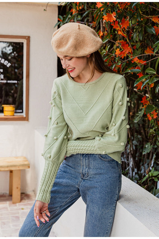 Elegant fur pompon sweater Autumn winter lantern sleeve knitted sweater Streetwear ladies green pullover Jumper The Clothing Company Sydney