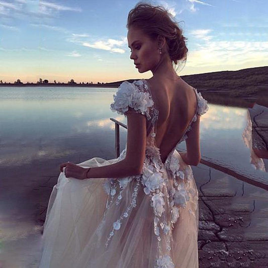 Champagne Boho Backless Princess Bridal Lace Appliques 3D Flowers Beach Wedding Dressd The Clothing Company Sydney