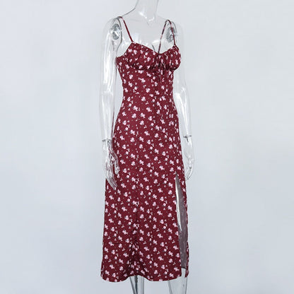Wine Floral Dress Women Prairie Chic Spaghetti Strap Backless Chest Draped Lace Up Side Split Sexy Long Dress The Clothing Company Sydney