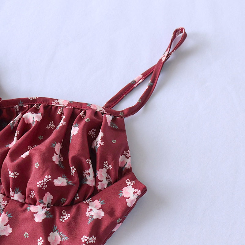 Wine Floral Dress Women Prairie Chic Spaghetti Strap Backless Chest Draped Lace Up Side Split Sexy Long Dress The Clothing Company Sydney